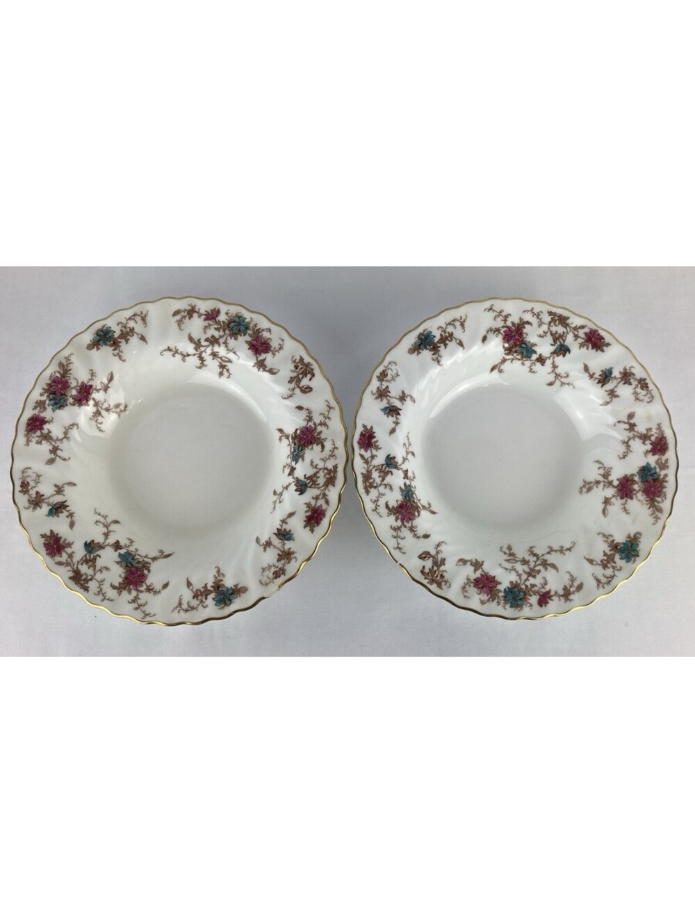 Set Of 2 Minton Ancestral S-376 Rimmed Soup Bowls Bone China Gold Trim *As Is*